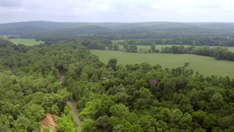 Overhead-field-and-trees-with-stream-on-a-cloudy-day-in-Farmington-in-southern-Missouri