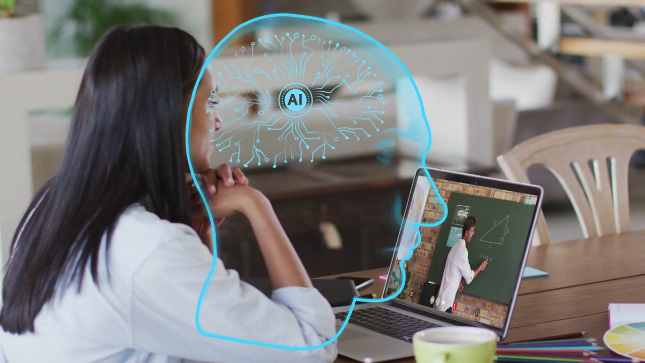 Woman watching laptop, animated AI head graphic emerging, linking head to screen enhancing learning