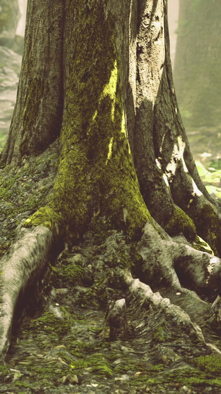 Large tree trunk with roots covered in moss in a forest area during daytime