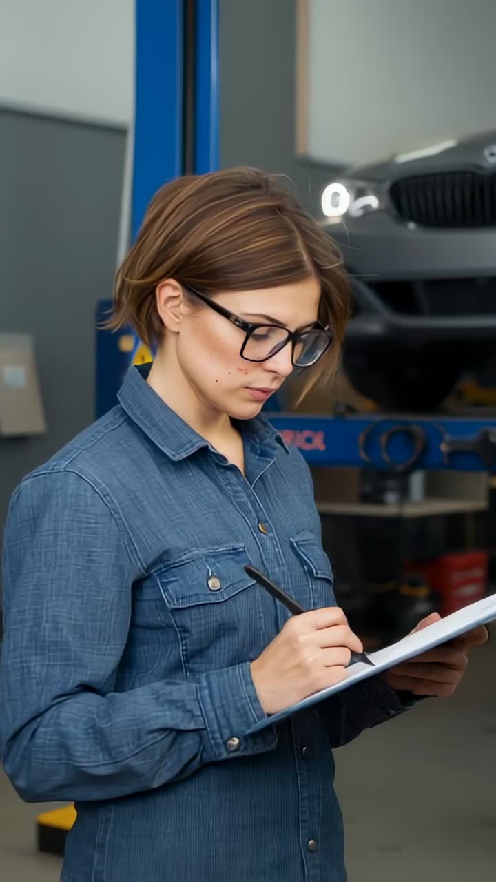 Vertical video: Denim tech reading checklist writing notes beside lift in garage bay with clipboard