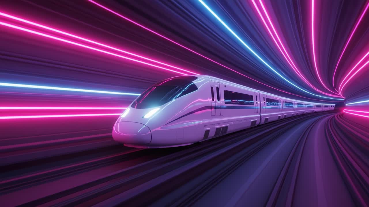 A Futuristic High-Speed Train Journeying Through a Neon Tunnel of Light, Capturing the Essence of Speed and Innovation in a Vividly Colorful Environment
