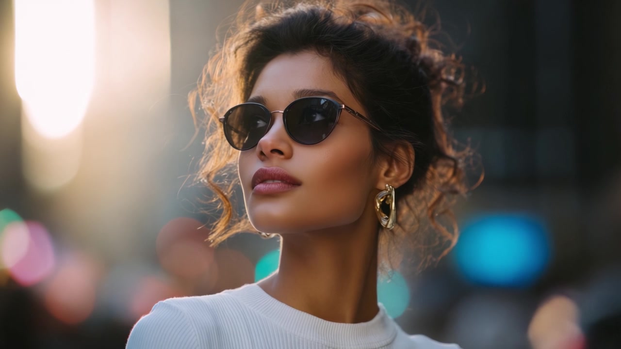 Una giovane donna alla moda con occhiali da sole e capelli ricci posa in un ambiente urbano, immersa nella luce dorata del tramonto, catturando un momento di stile.