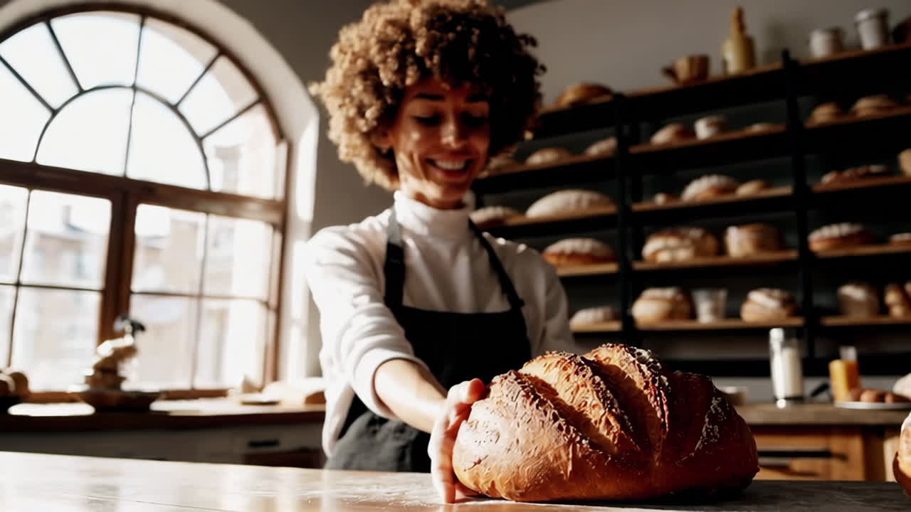 Woman Baker Displaying Freshly Baked Bread
