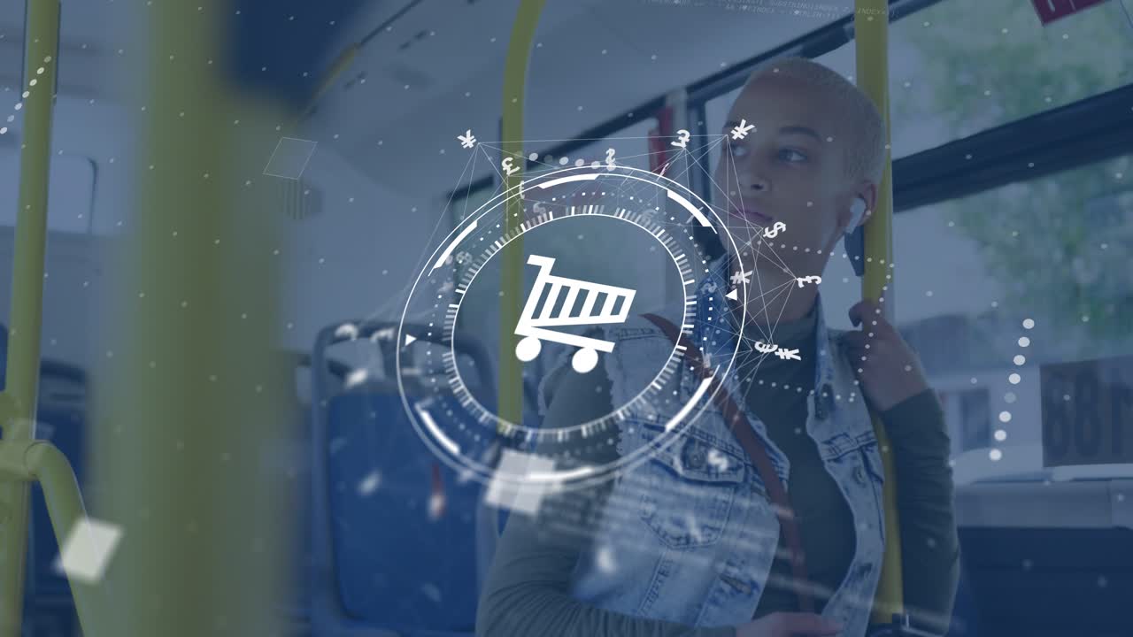 Woman standing on bus tapping phone, cart HUD hovering centered for retail browsing