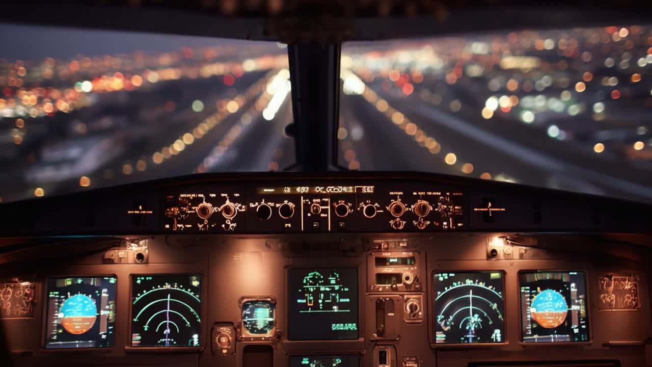 Captivating Cockpit Views: A Pilot's Perspective as the Aircraft Approaches the Runway at Night, Showcasing Instrument Panels and City Lights Below
