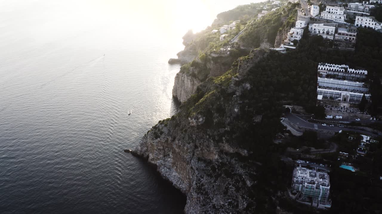 Aerial view of Italy's steep waterfront in Praiano
