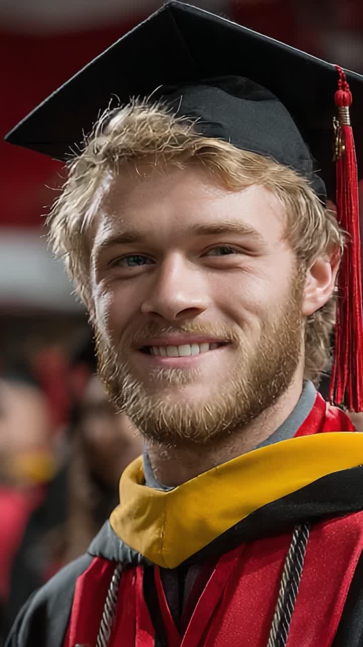 Un laureato orgoglioso che indossa toga e cappello, che celebra il culmine del percorso accademico con un sorriso smagliante durante la cerimonia di laurea