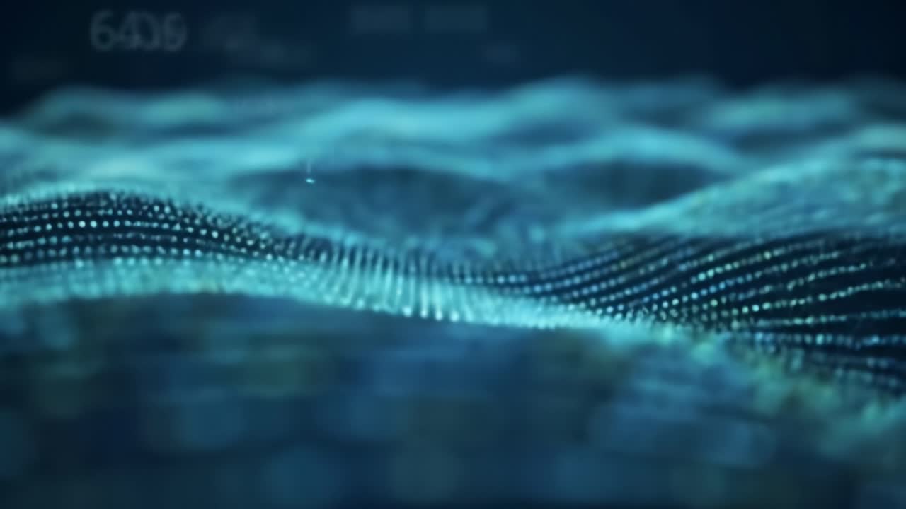 This captivating visualization showcases flowing digital waves in various shades of blue, creating a sense of depth and movement in a serene nighttime landscape.