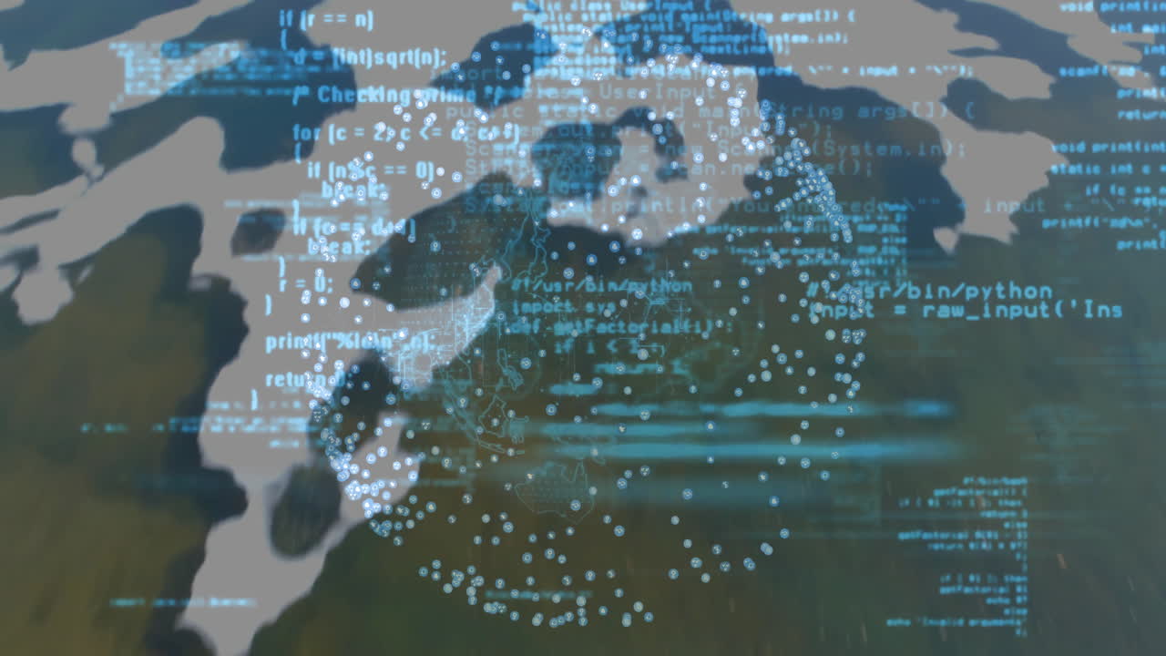 3D globe visualization rotating in scene, showing light?blue data points and translucent code lines