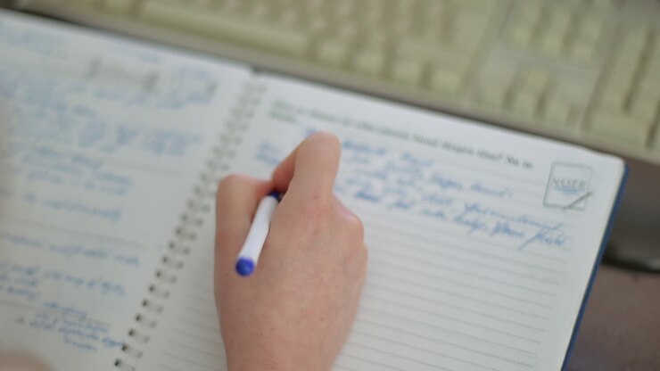 Close up of a woman's hand writing in a spiral notebook with a blue pen while sitting at a desk