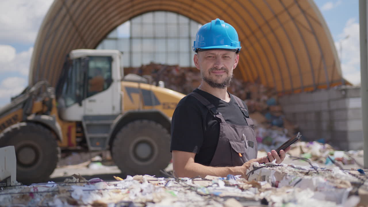 tractor conduce detrás de un trabajador masculino en una planta de reciclaje al aire libre, slomo
