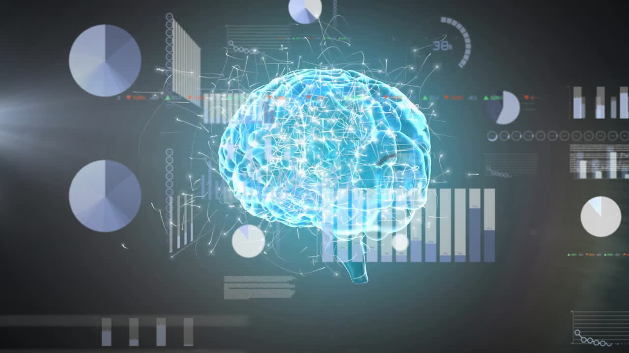 검은색 배경에 디지털 뇌를 통해 금융 데이터 처리의 애니메이션