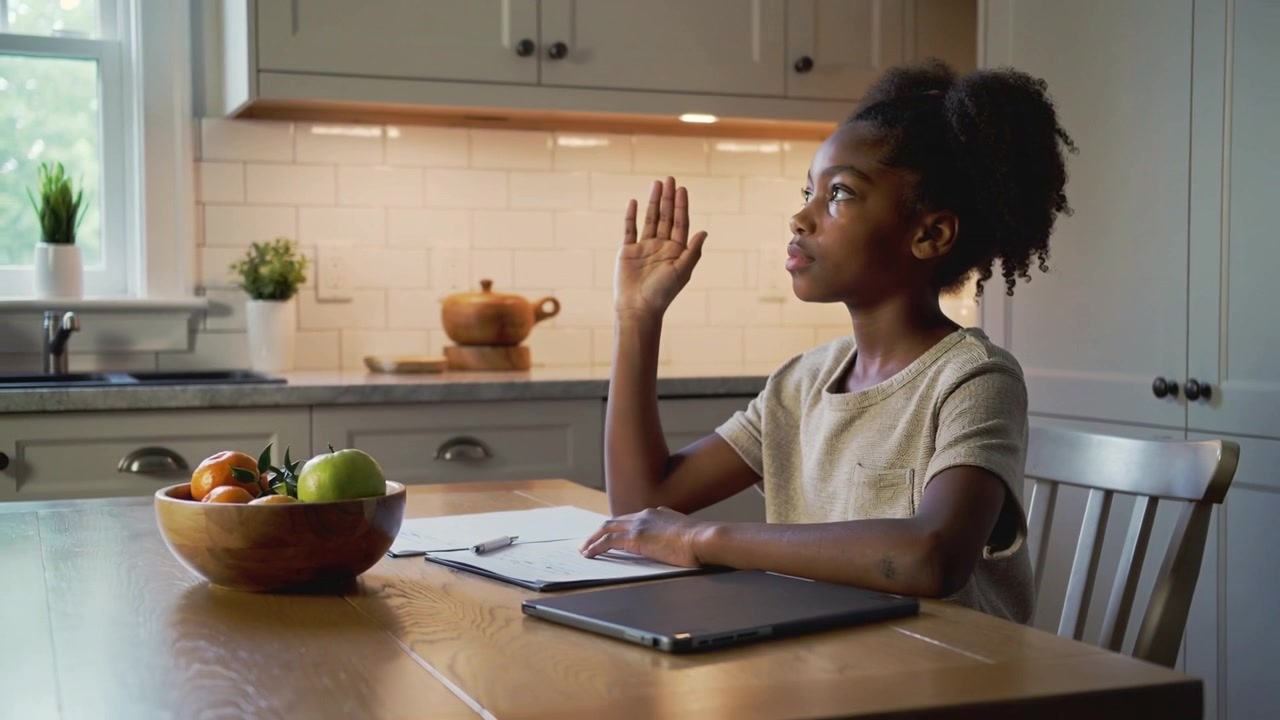 Raising hand girl asking for water kitchen as parent entering offering bottle by tablet, copy space