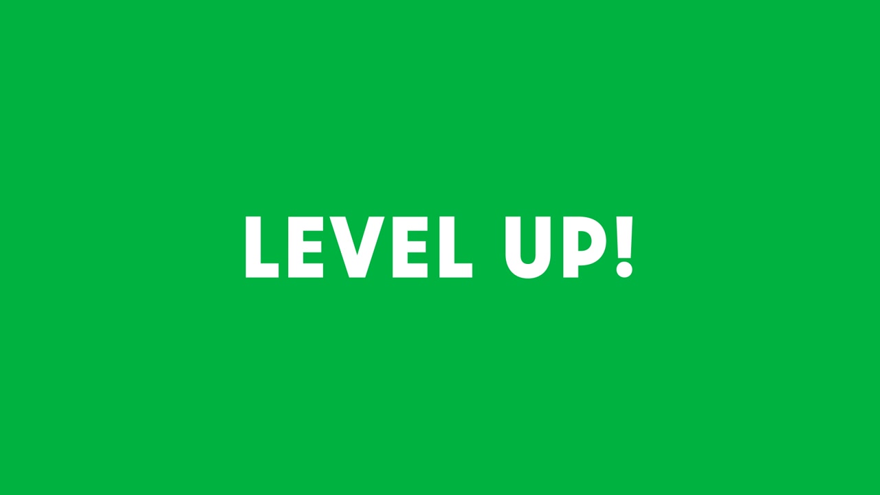 Animasi teks "level up" dengan latar belakang transparan.