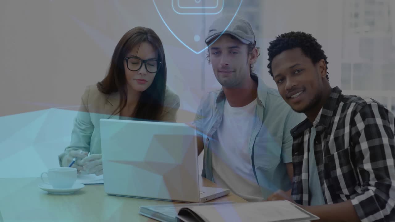 Animation of padlock and network of connections over diverse business people in office