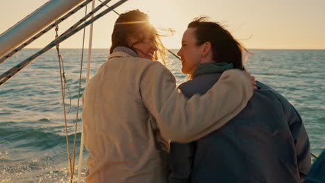 back, lesbian couple and hug on ship at sunset