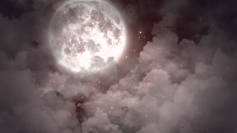 majestic full moon illuminates starry night sky with glowing clouds