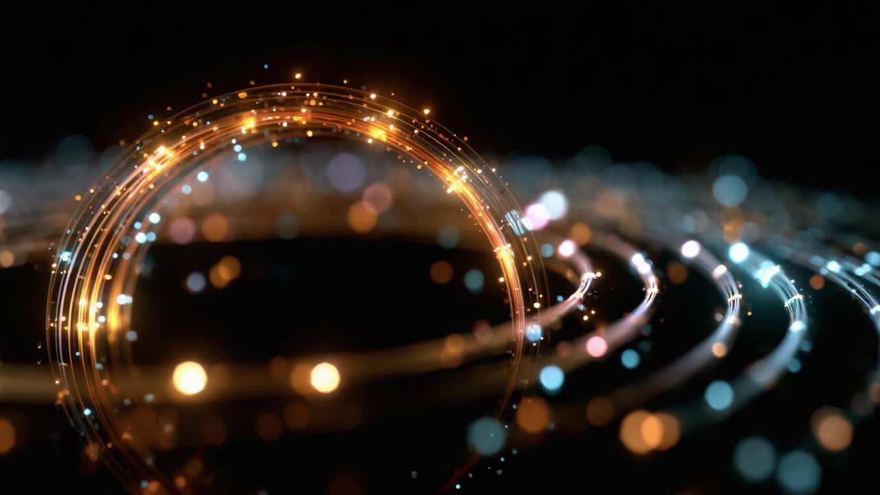 Un'ipnotica esibizione di particelle luminose e luci vorticose crea un'atmosfera eterea attraverso pattern visivi dinamici in un'accattivante scena digitale