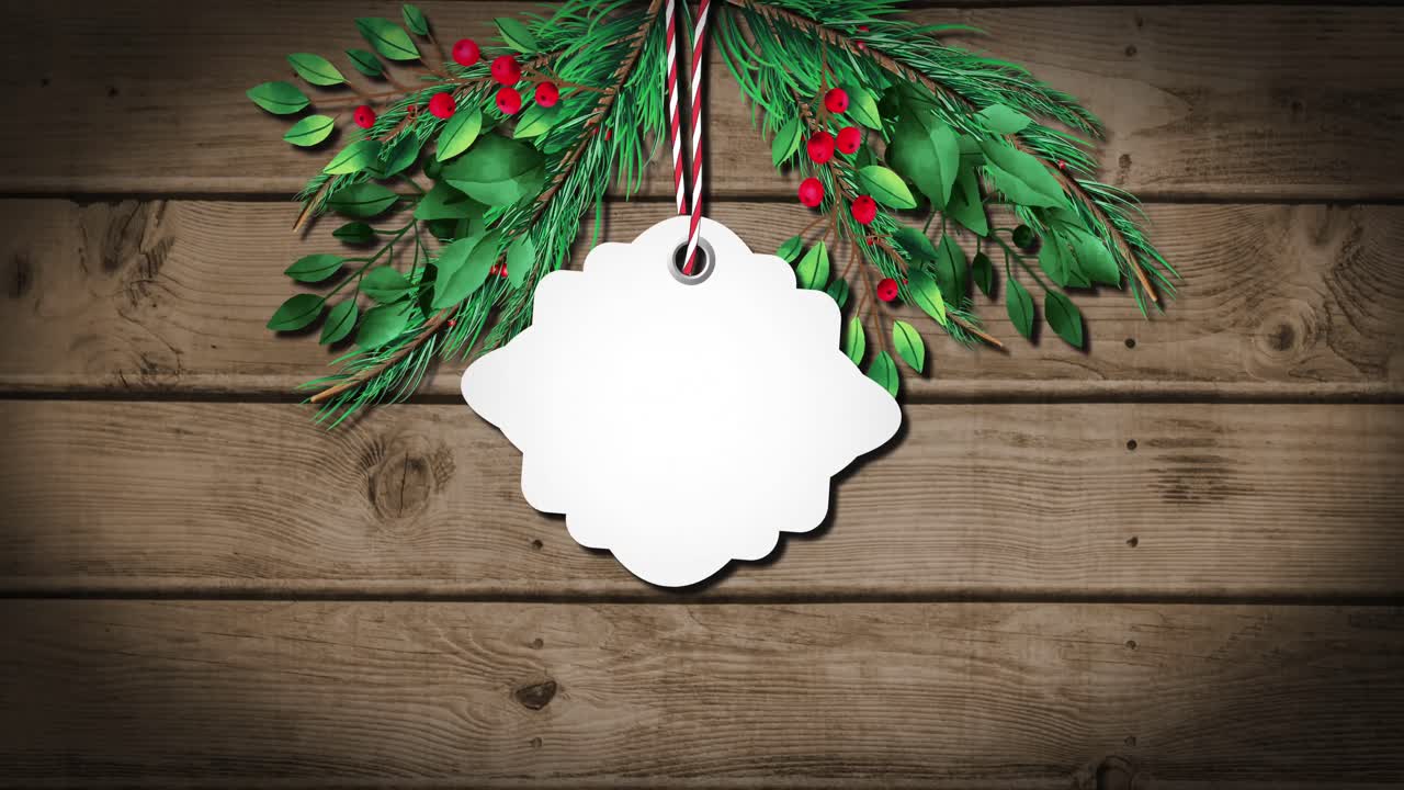 animación de la etiqueta de regalo con espacio de copia y ramas de árboles sobre fondo de madera