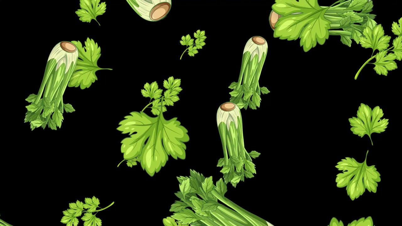 Cartoon celery stalks and parsley leaves fall vertically against a solid black background.