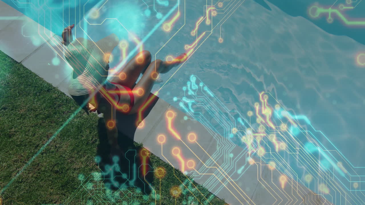 Sunbathing by pool, woman with digital circuit animation overlay on body