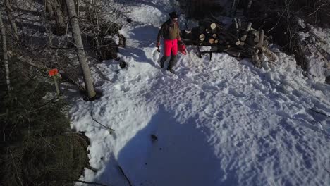 woodworker-man-with-chainsaw-walking-out-of-forest,-sunny-winter-day,-aerial-drone-shot