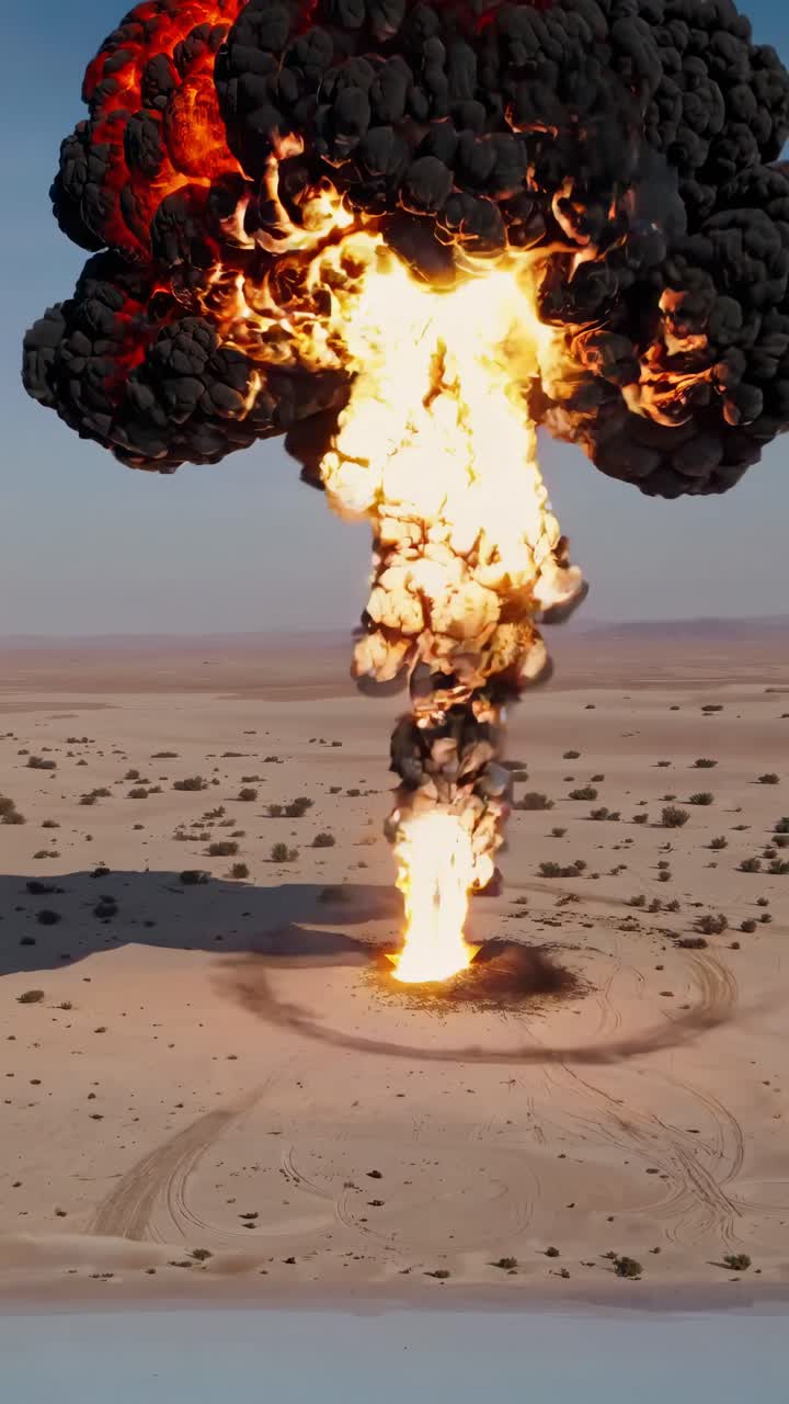 Luftaufnahme einer dramatischen Explosion in einer Wüstenlandschaft, die einen riesigen Feuerball und Rauch zeigt