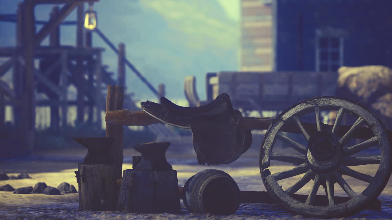 Vintage tools and equipment in a rustic outdoor setting at dusk