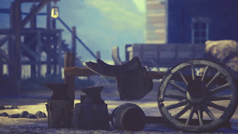 vintage tools and equipment in a rustic outdoor setting at dusk
