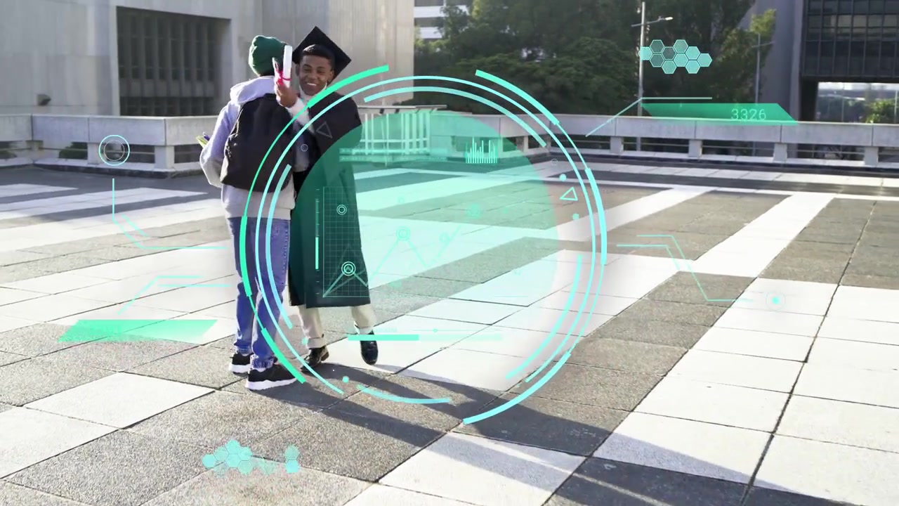 Graduate and friend shaking hands on rooftop, celebrating grad as HUD overlay animating over bodies