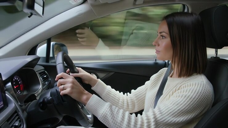 Donna alla guida con maglione color crema, che tiene il volante in auto, cintura di sicurezza allacciata e GPS in vista, spazio per il testo.