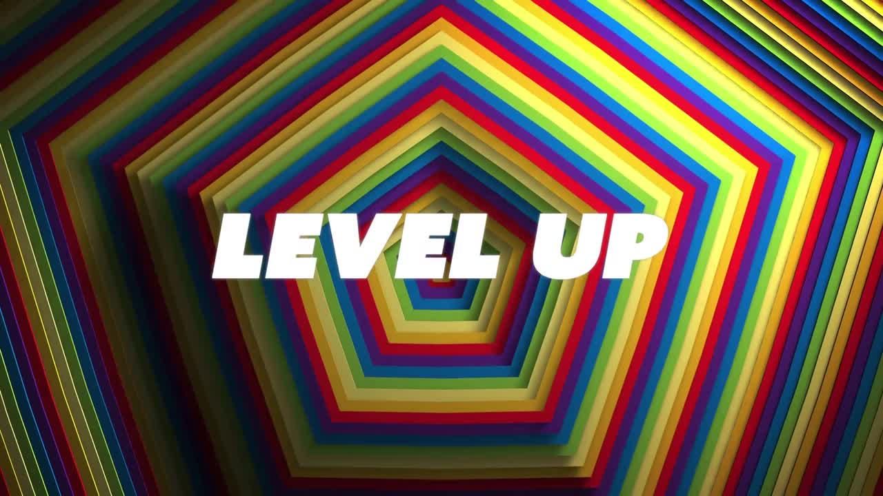 무지개 모양 위에 레벨 업 텍스트의 애니메이션