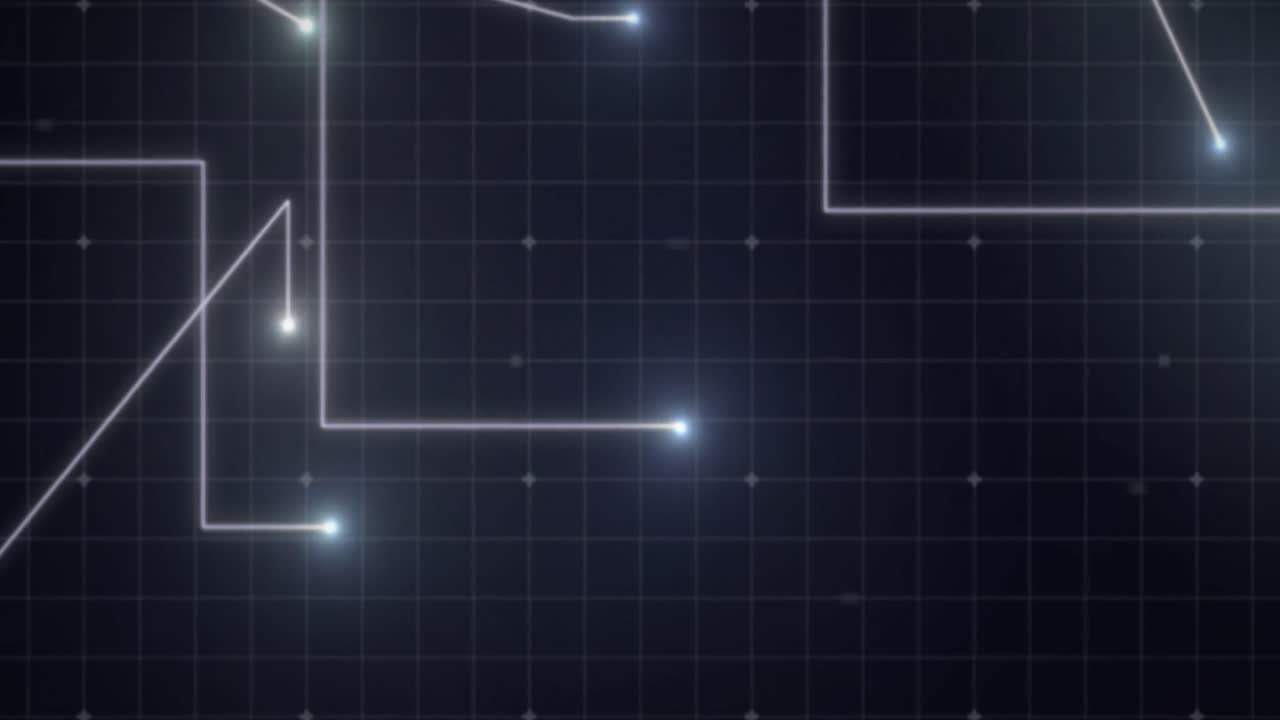 Animation of glowing white points with light trails moving on grid on purple background