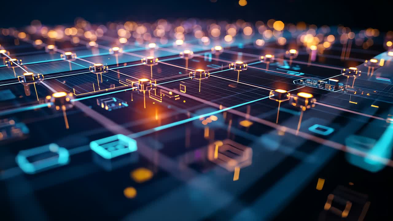 Simulation starting, camera panning over grid, pulsing neon cyan paths lighting nodes and modules