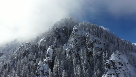 Luftbild,-Wolken-über-Schneebedeckten-Bergen-Und-Immergrünen-Wäldern-An-Sonnigen-Tagen