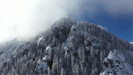 Aerial-view,-clouds-above-snow-capped-mountain-and-evergreen-forest-on-sunny-day