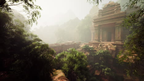 ancient temple ruins in the jungle mist