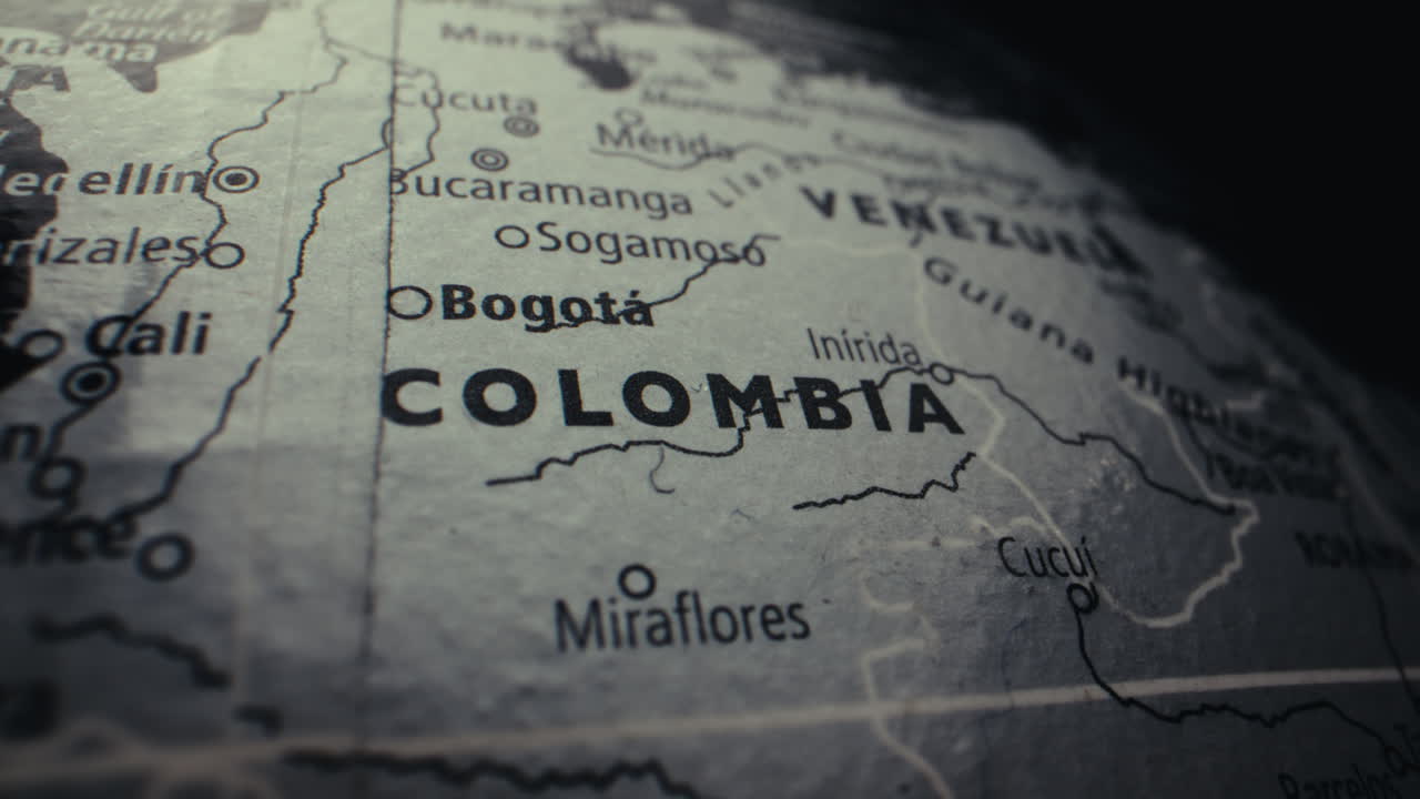 Close-up of a World Map Focusing on Colombia