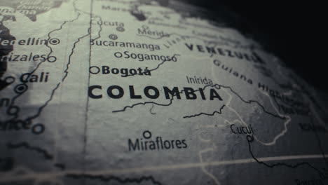 close-up of a world map focusing on colombia