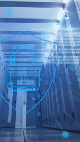 animation of data processing and padlock over server room