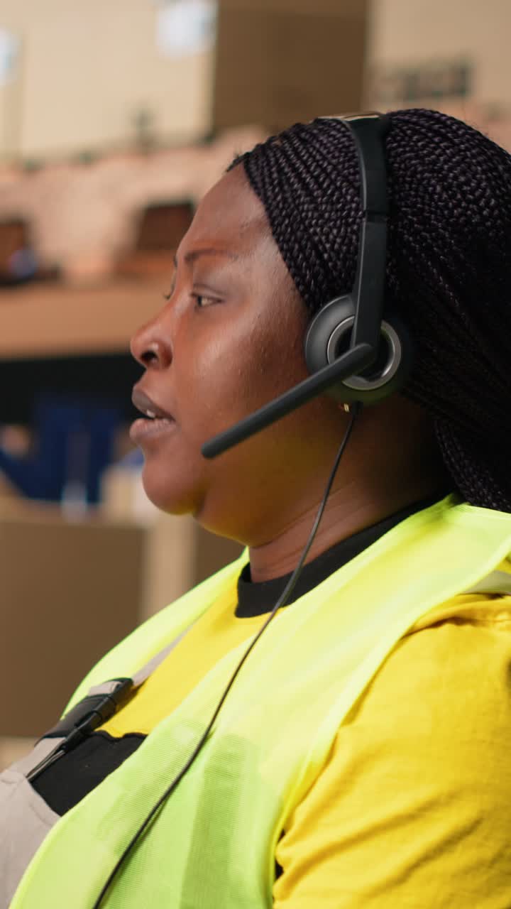 Vertical Video Black female customer support clerk speaks with clients about shipment details