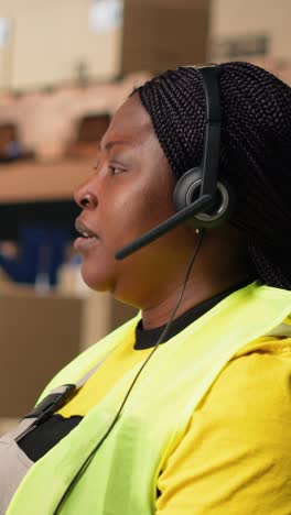 vertical video black female customer support clerk speaks with clients about shipment details