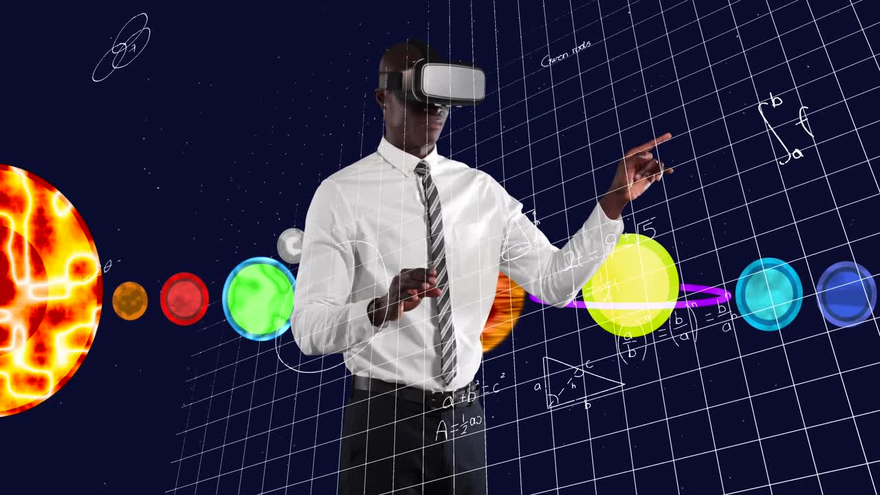 Animation of businessman wearing vr headset over equations and solar system