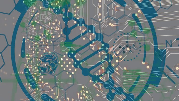 Animation of dna strand and data processing over computer circuit board on black background