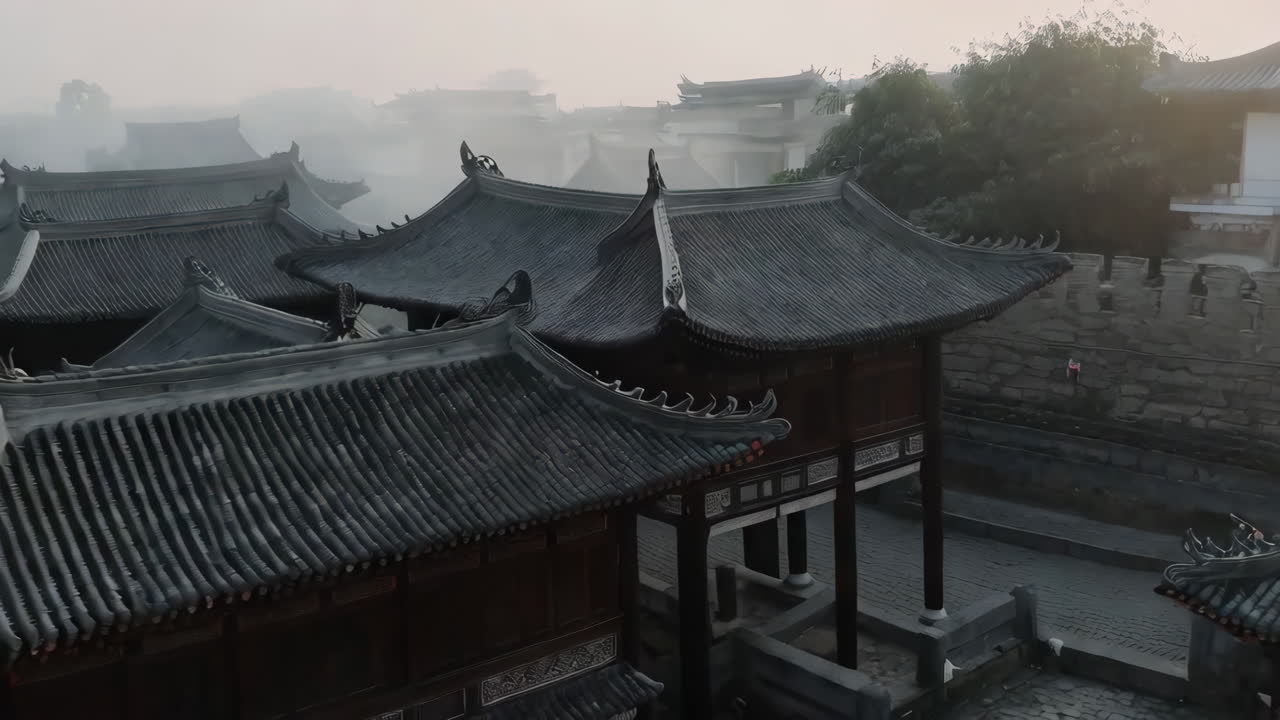 Misty Morning in an Ancient Chinese Town