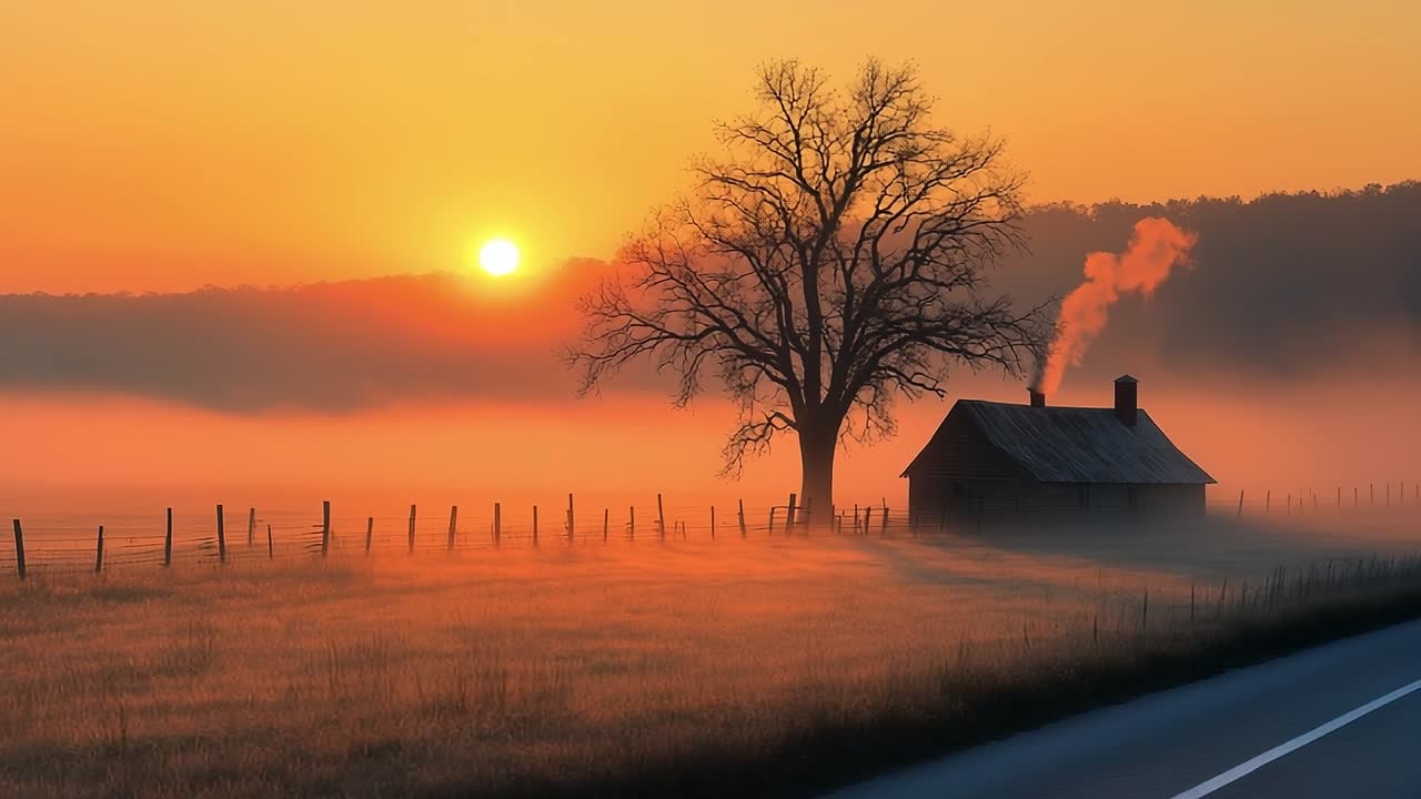 Misty cabin at morning light. Sunrise casts warm hues over a tranquil landscape with a lone cabin and a tree, creating a serene early morning vibe.