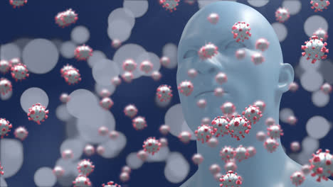 animation of covid 19 cells floating over human head and multiple spots of light on blue background