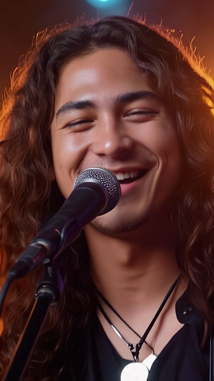 Giovane musicista che si esibisce con entusiasmo sul palco, mostrando un sorriso perfetto e lunghi capelli ricci con un microfono in mano, abbracciando l'atmosfera gioiosa della musica.