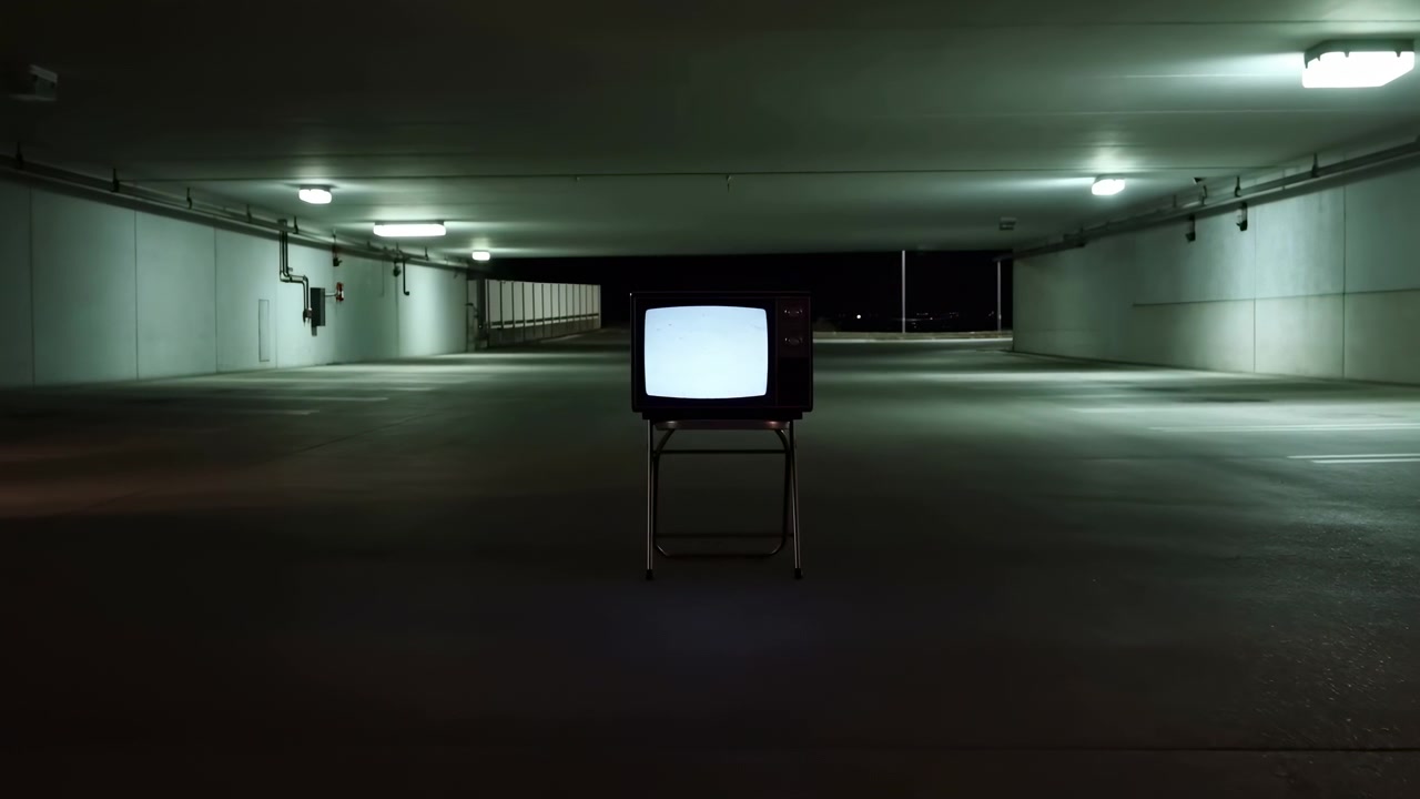 Camera moves gradually toward a solitary vintage television glowing with screen noise in a vacant concrete garage, with symmetrical walls, dark depth, and cool overhead illumination.
