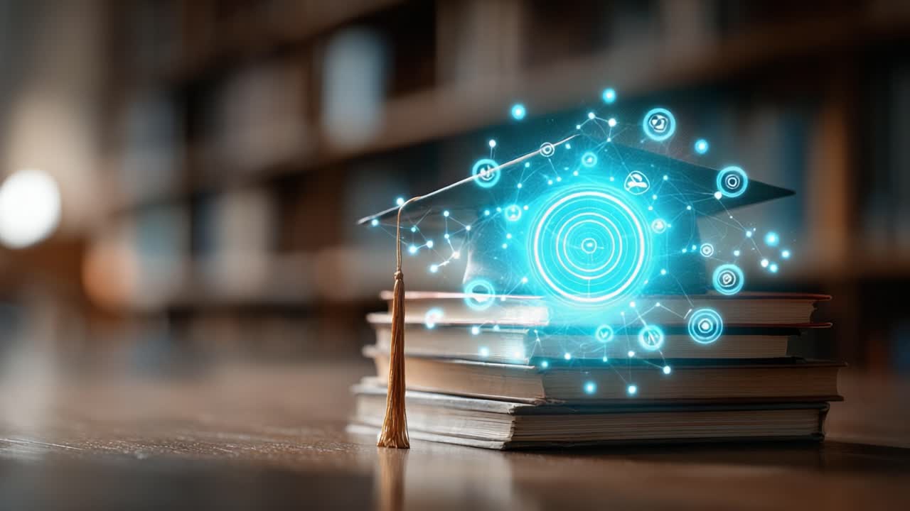 An innovative graduation cap rests on a stack of books, symbolizing the fusion of education and technology in a modern library setting with digital elements